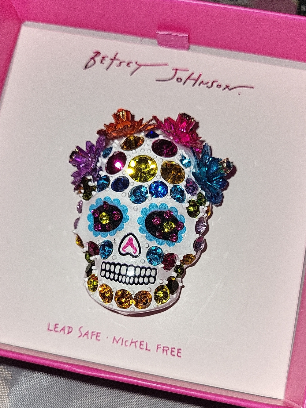 Betsey Johnson White Enamel Multicolor Crystal Sugar Skull Pin Ti